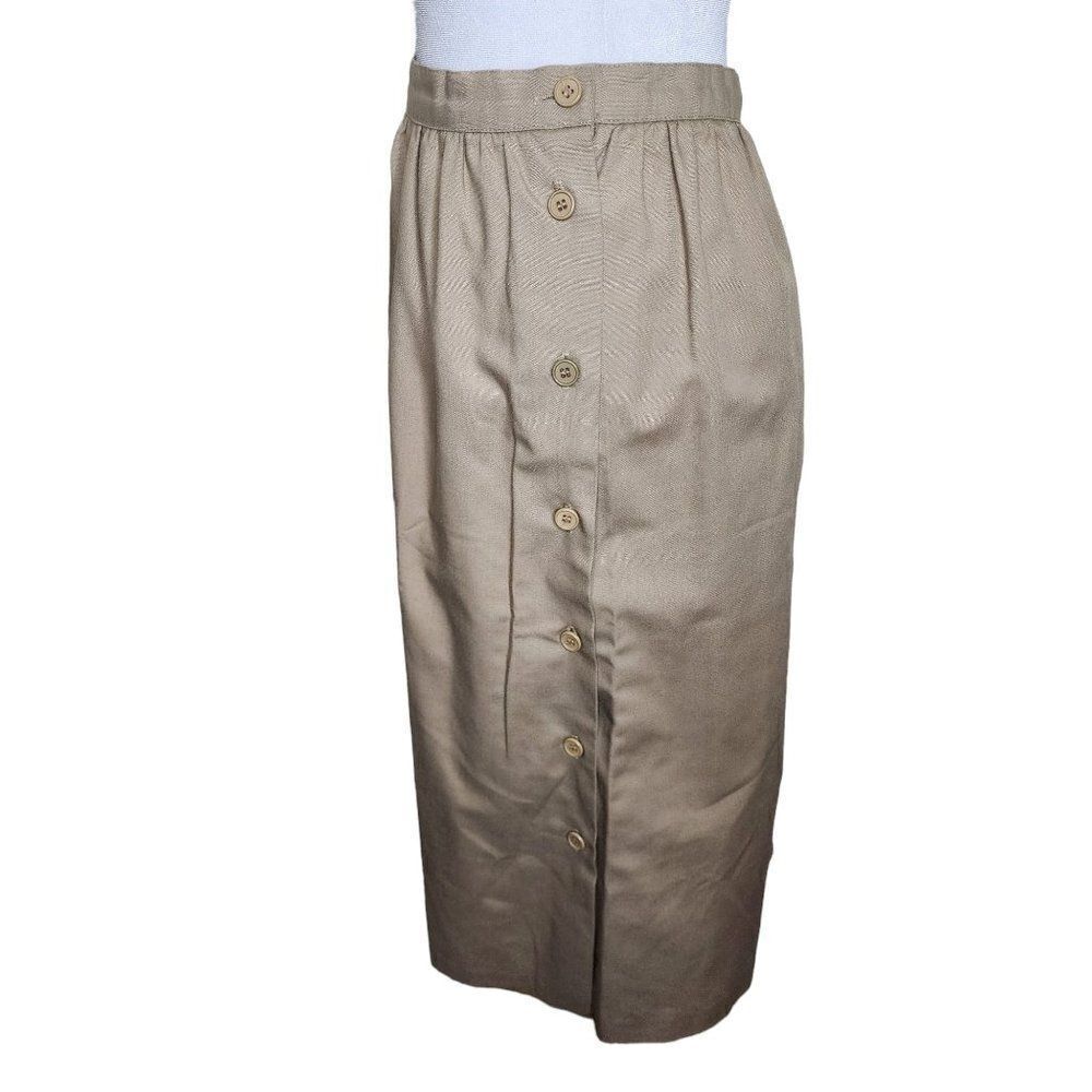 Vintage 80s Straight Midi Skirt Womens Size 10 Khaki Tan Side Buttons Office Bas
